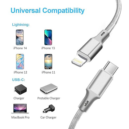 cugunu USB C to Lightning Cable 5 Pack 3/3/6/6/10FT iPhone Charger Apple MFi Certified Power Delivery Fast Charging Cord Compatible with iPhone 14/13/12/11/XS/XR/X/8 - Gray