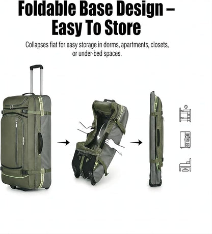 100L Extra Large Rolling Duffel Bag with Wheels and Handle – Heavy-Duty 1600D PVC Checked Luggage for Business Travel, Men’s Week-Long Trips & Student Relocation, Foldable Base Design (Army Green V2)