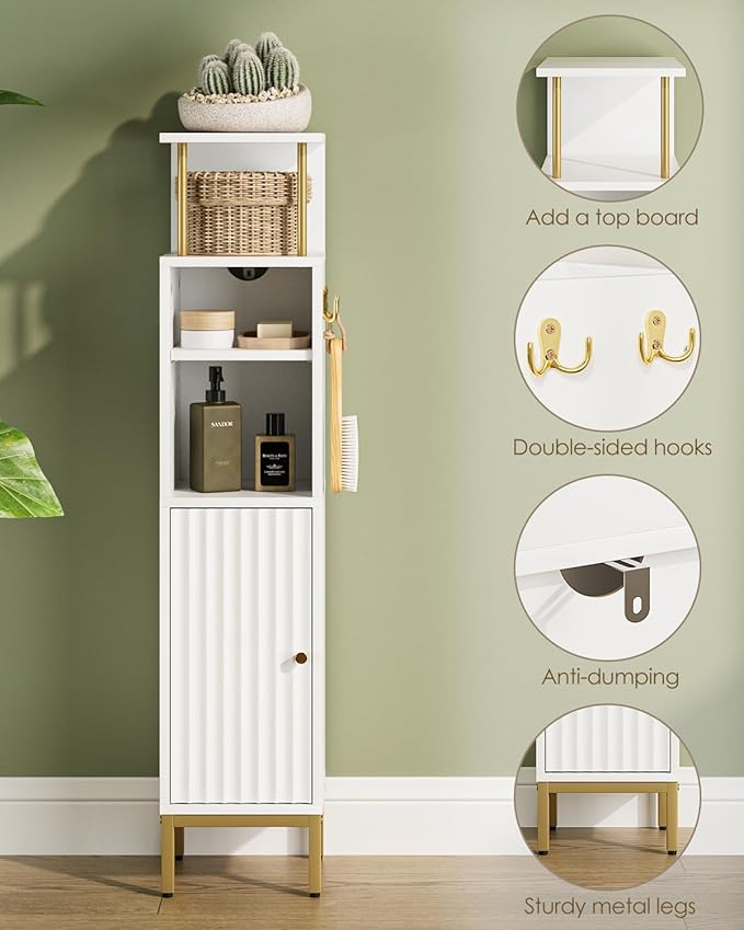 Bathroom Storage Cabinet,Small Corner Floor Cabinet with 2 Hook,Narrow Tall Toilet Paper Cabinet with Adjustable Shelves,Bathroom Organizer for Living Room,Small Spaces (Wave, White-37''H)