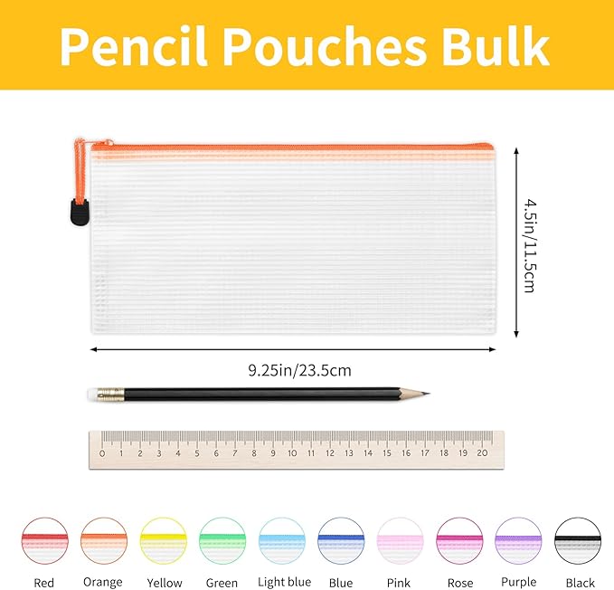 EOOUT Pencil Pouches 20pcs 9.5x4.5 Inches Small Mesh Zipper Pouch in 10 Colors for Travel Storage Cosmetics and Office Supplies Storage