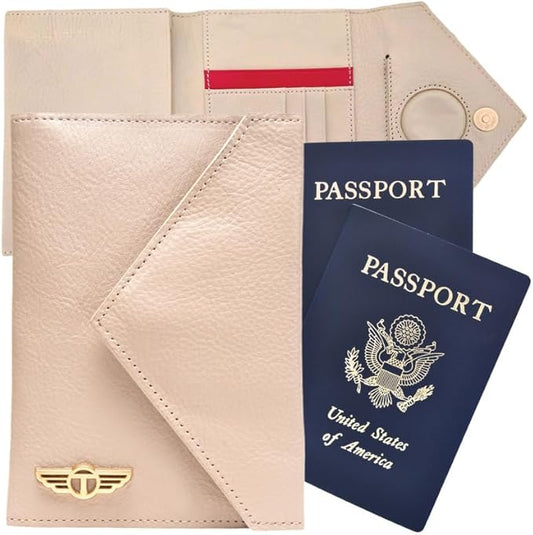 Hidden AirTag Full Grain Leather Passport Holder for Men & Women - RFID Protected Travel Wallet Passport Cover with Free Lost & Found Service (Nude)
