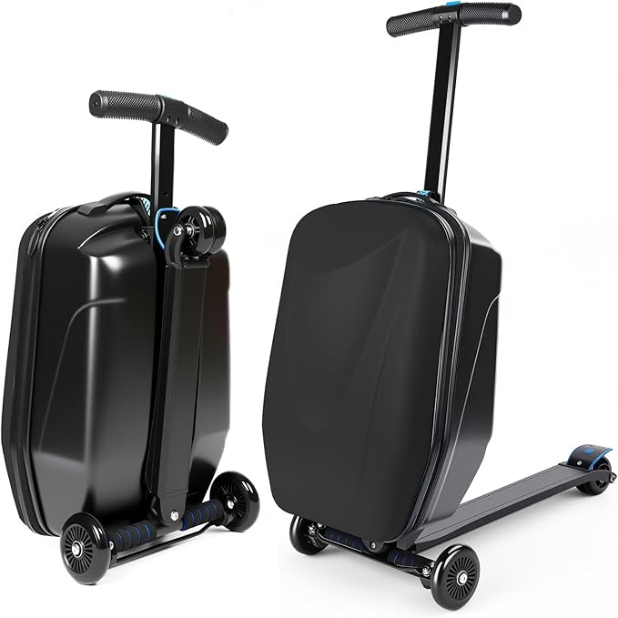 Scooter Suitcase Carry On Hardshell Ride On Suitcase Scooter for Kids Age 4-15, Multifunctional Ride On Lightweight Kids Luggage with Wheels(Size:Black)