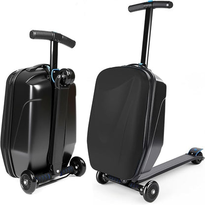 Scooter Suitcase Carry On Hardshell Ride On Suitcase Scooter for Kids Age 4-15, Multifunctional Ride On Lightweight Kids Luggage with Wheels(Size:Black)