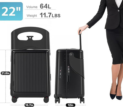 smilesun 22" Carry On Luggage with Seat For Kids & Adults，Hardside Ride On Suitcase Front Opening with 360°Spinner and TSA Lock For Travel (Black with Front Open, 22")