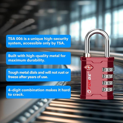 FORGE 4 Digit TSA Approved Combination Lock, Tool Box and Case Lock, Combination Padlock for Travel, Gym, Home. Red 2 Locks.