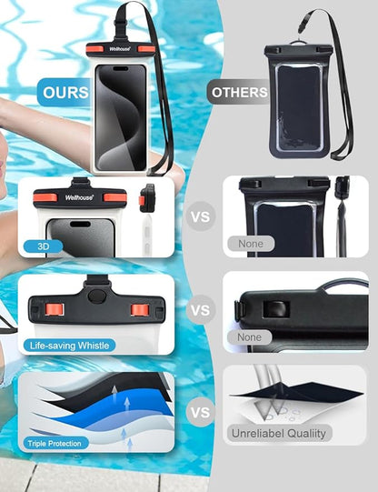 wellhouse Waterproof Phone Pouch, Waterproof Phone Case for iPhone 16 15 14 13 12 Pro Max XS Samsung, IPX8 3D Cellphone Dry Bag Beach Essentials (1 Pack - Black/Red Clasp7.0, 7 inch)
