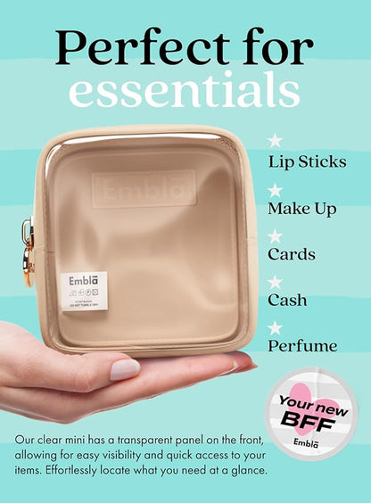 Embla London Makeup Bag Cosmetic Case, Clear Zipper Make Up Pouch and Toiletry Travel Tote, Cute Skincare Pouches for Women Girls, Preppy Purse Cosmetic Organizer, Mini Makeup Bags, Sand