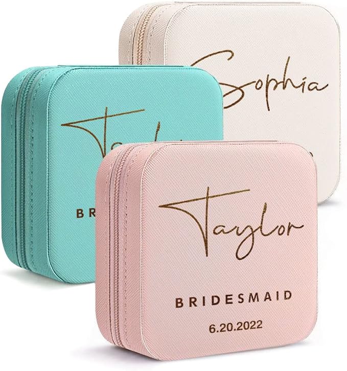 DayOfShe Bridesmaid Proposal Gifts Personalized Bridesmaid Jewelry Box Leather Small Travel Jewelry Organizer Ring Case for Wedding Maid of Honor Gifts