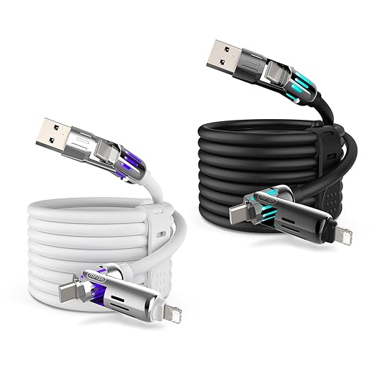 MFish 240W 4-in-1 Universal USB Charging Cable [2 Pack, 6.6ft] – Fast Charger Cord with USB-A, Dual USB-C & Lighting, for iPhone 14/15/16/17 Series, iPad & MacBook & More (2PACK, Black+White, 6.6Ft)