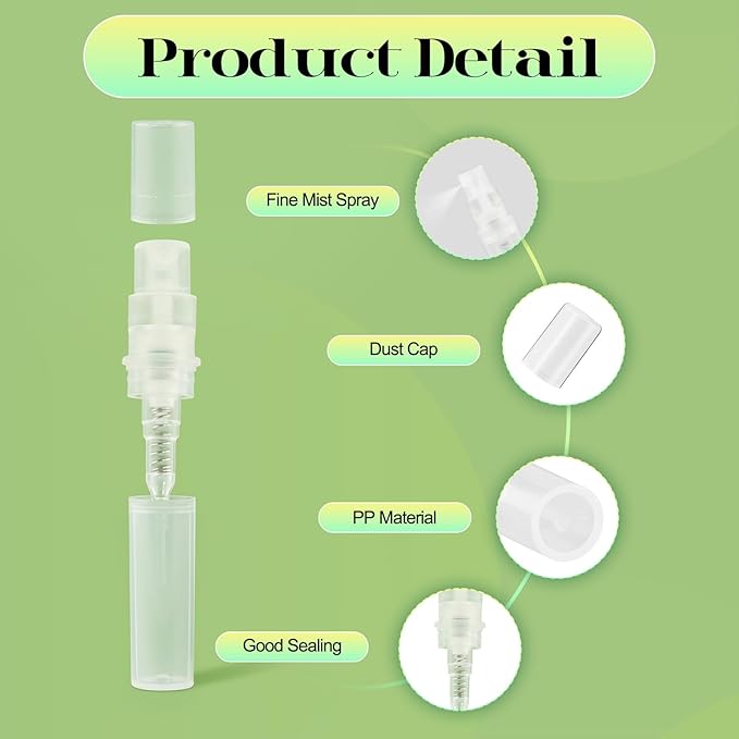 50Pcs Mini Spray Bottle 2ml, Small Travel Perfume Bottle Refillable with 10 Tools, Clear Plastic Small Atomizer Empty, Fine Mist Perfume Sample Spray Bottle for Travel Essential Oil Perfumes