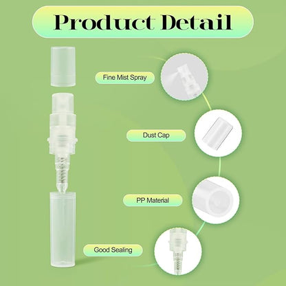 50Pcs Mini Spray Bottle 2ml, Small Travel Perfume Bottle Refillable with 10 Tools, Clear Plastic Small Atomizer Empty, Fine Mist Perfume Sample Spray Bottle for Travel Essential Oil Perfumes