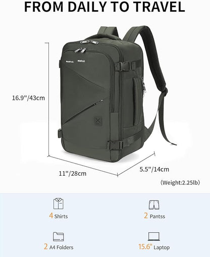 ECOHUB 17" Small Unisex Travel Backpack United Airlines Approved 17x10x9 Friendly Suitcase Anti-Theft Lockable Zippers Style Personal Item Bag Travel Essentials with 12 Pockets Water Resistant, Green