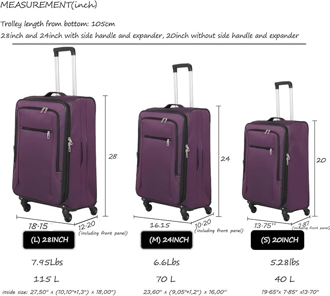 3pcs Set Softside Luggage Sets With Spinner Wheels, Expandable Softshell Suitcase Set with front pocket, 28inch, 24inch, 20inch Lightweight fabric luggage (PURPLE)
