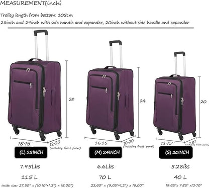 3pcs Set Softside Luggage Sets With Spinner Wheels, Expandable Softshell Suitcase Set with front pocket, 28inch, 24inch, 20inch Lightweight fabric luggage (PURPLE)