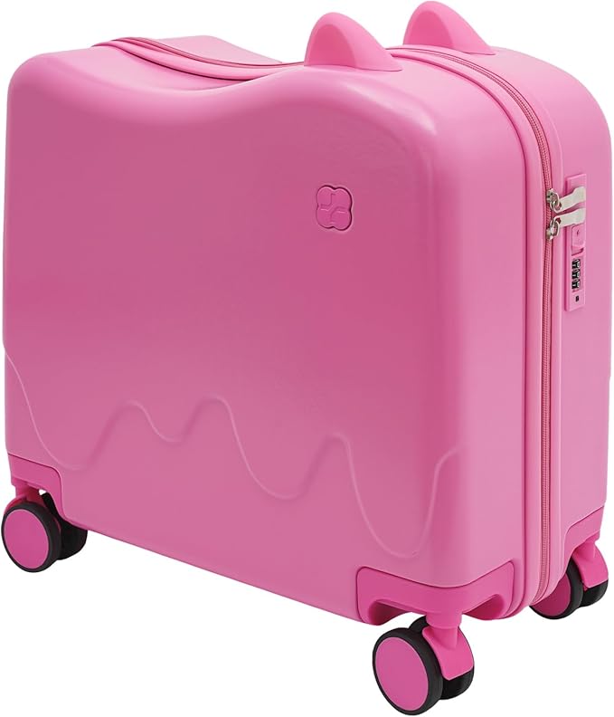 18-Inch Kids Ride-On Suitcase - Cute Lightweight Trolley Luggage with 4 Silent Spinner Wheels & Lock for Travel - Perfect for Ages 3-6 (Pink)