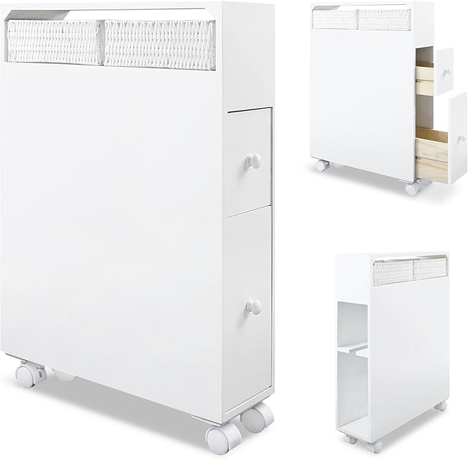 MASAKA B&W Slim Bathroom Storage Cabinet, Side Storage Organizer Toilet,Toilet Paper Storage, Movable Bathroom Storage Cabinet with 2 Drawers and Shelf, Corner Shelves