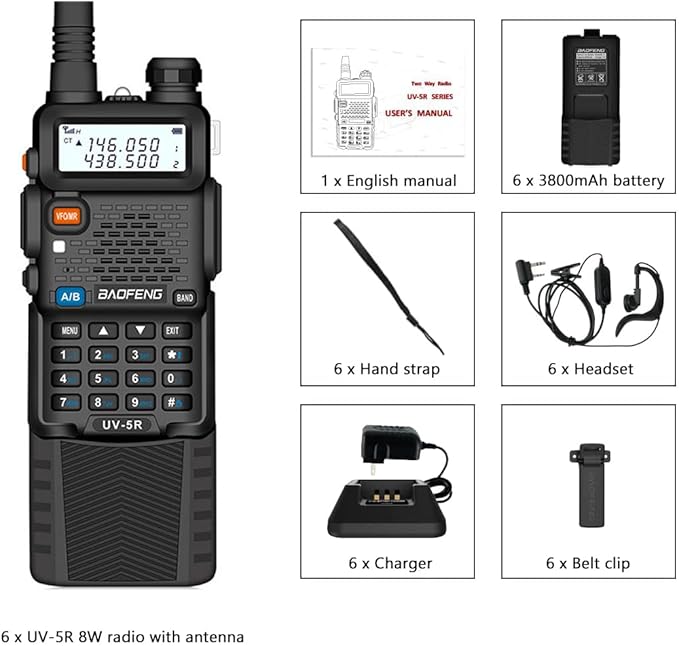Baofeng UV-5R Dual Band Two Way Radio Handheld Ham Radio Long Range Walkie Talkies Pack of 6 for Hiking Camping Hunting Skiing Trip(Black) with 8W 3800mAh Battery