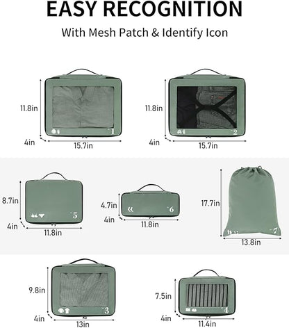ECOHUB 7 Set Packing Cubes Tear-Resistant Luggage Packing Organizers with Number Icon for Travel Accessories Luggage Suitcase Machine Washable Packing Cubes (Green)