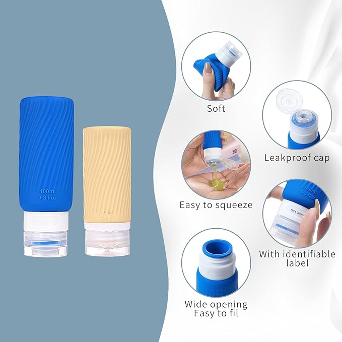 Leak-Proof travel bottles for toiletries Set, Reusable Squeezable BPA-Free Silicone Containers, TSA Approved, Refillable for Shampoo, Conditioner, Lotion, and Body Wash – Travel Essentials