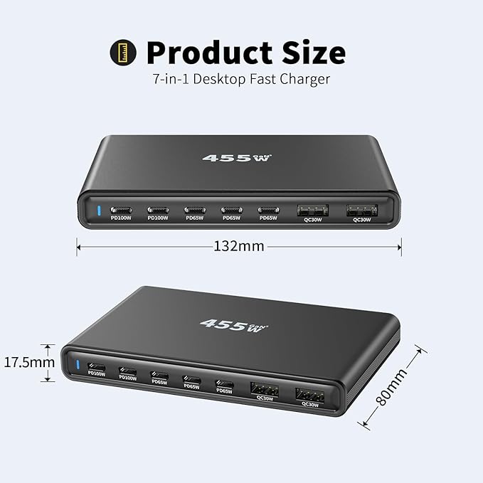 455W GaN5 7-Port Slim Design Charging Station + 240W 6.6 ft Data Cable, Compatible with Phones, Tablets, Laptops, Smart Wearables, and Gaming Devices
