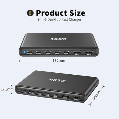 455W GaN5 7-Port Slim Design Charging Station + 240W 6.6 ft Data Cable, Compatible with Phones, Tablets, Laptops, Smart Wearables, and Gaming Devices