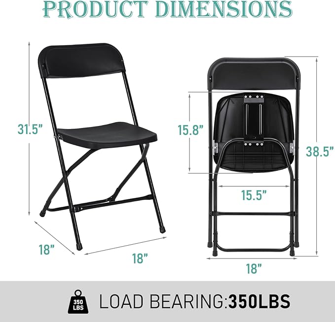 50 Pack Black Plastic Folding Chairs, Portable Stackable Commercial Party Folding Chairs with Steel Frame 350lbs for Home Office Outdoor Indoor Office Wedding Party Events