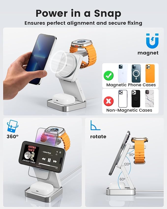 3-in-1 Wireless Charger for iPhone,15W Fast Wireless Charging Station Compatible with Mag-Safe Charger,Magnetic Foldable Travel Charger Stand Nightstand for iPhone 17/16/15/14/13,Apple Watch&AirPods