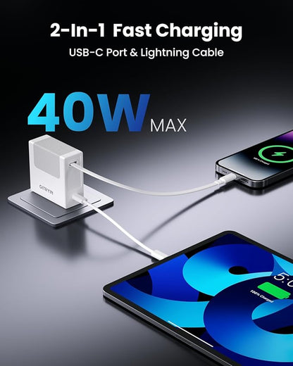 Gitryin Portable USB Phone Charger Block, Retractable Wall Charger with 33.5in Retractable Lightning Cable, 40W Fast Charging Block with USB C Port, Power Adapter with Foldable Plug for iPhone14/13/12