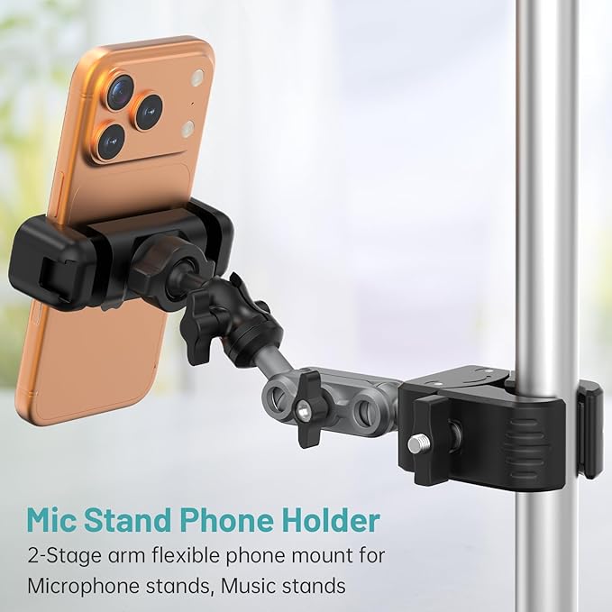 Mic Stand Phone Holder,2-Stage Magic Arm Super Clamp Phone Clip for Microphone Stand, Flexible Adjustable iPhone Music Stands Mount for iPhone17 16 15 14 13 12 11 Galaxy Nexus LG All Smartphones