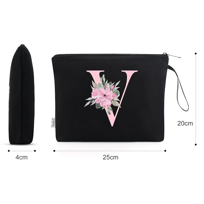 Vavabox A-Z Personalized Makeup Bag, Birthday Gifts for Women Mom, Gifts for Best Friend, Bride Bridesmaid Cosmetic bag (V, Black)