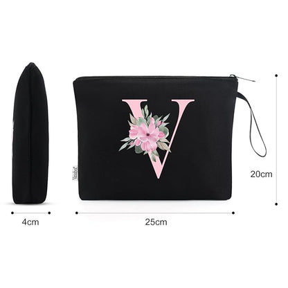 Vavabox A-Z Personalized Makeup Bag, Birthday Gifts for Women Mom, Gifts for Best Friend, Bride Bridesmaid Cosmetic bag (V, Black)