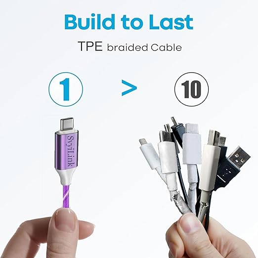 USB Cable PD Fast Charger Lighted Up (USB C to C Purple),Mobile Phone Data Cable, Charging Cable, Supports Data Transfer, 39-inch, TPE Material, Compatible with Almost All Type-C Devices.