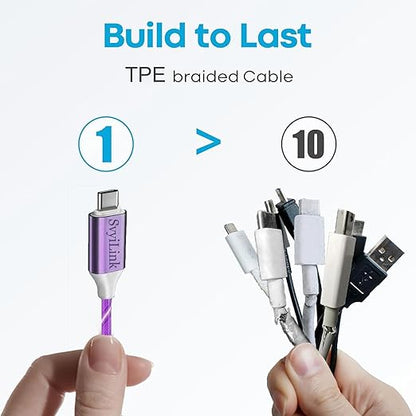 USB Cable PD Fast Charger Lighted Up (USB C to C Purple),Mobile Phone Data Cable, Charging Cable, Supports Data Transfer, 39-inch, TPE Material, Compatible with Almost All Type-C Devices.