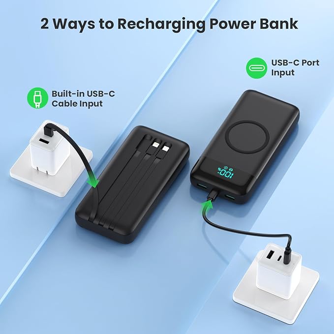 Wireless Portable Charger 40,800mAh with 3 Built-in Cables,15W Wireless Charging 25W PD QC4.0 Fast Charging USB-C Power Bank,7 Outputs Travel Essentials Battery Pack for iPhone 17/16/15/14,Android etc