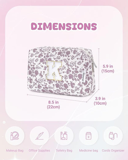 Narwey Birthday Gifts for Teen Girls Kids Women Personalized Initial Floral Makeup Bag Cute Cosmetic Trendy Stuff 6 8 10 11 12 13 14 16 18 Years Old Travel Toiletry Bag (Little Dusty Pink Flower K)