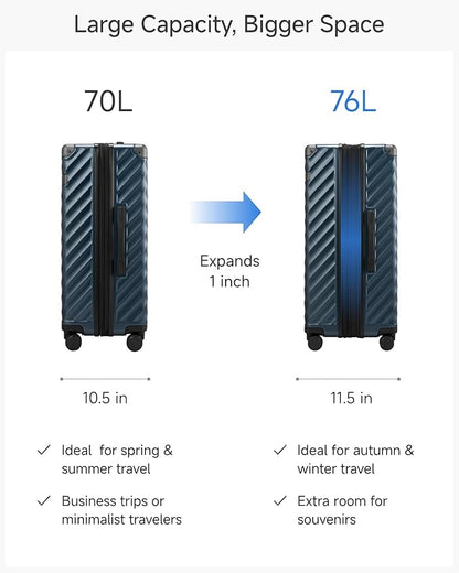 24 Inch Luggage with Spinner Wheels, KVC Expandable Hardside Medium Checked Suitcase (EX-Core, Charcoal Metallic, 24 Inch, 70L-76L)