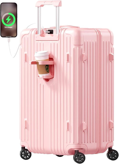 Krute 28 inch Luggage with Cup Holder Checked Suitcases with Charging Port TSA Approved PC+ABS Hardside Luggages