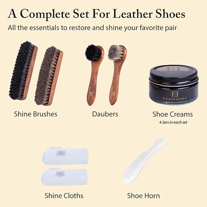 FootFitter Leather Shoe Shine Refill Set, Complete Shoe Care Kit with Horsehair Brushes, Premium Creams, Cloths & Shoehorn