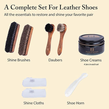 FootFitter Leather Shoe Shine Refill Set, Complete Shoe Care Kit with Horsehair Brushes, Premium Creams, Cloths & Shoehorn