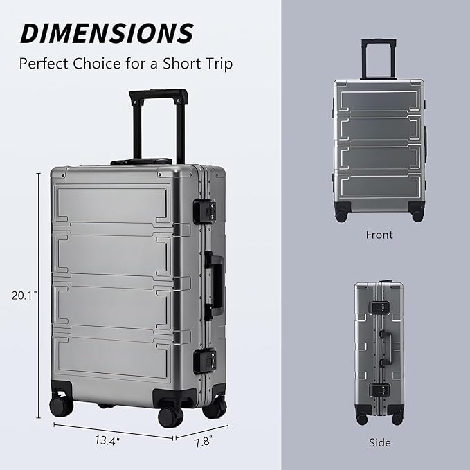 Simcat All Aluminum Carry On Luggage, 20 Inch Hard Shell Zipperless Luggages，Airline Approved Suitcase with TSA Lock and Silent Wheels (Gray,20inch/56.5x21.5x39.5cm)