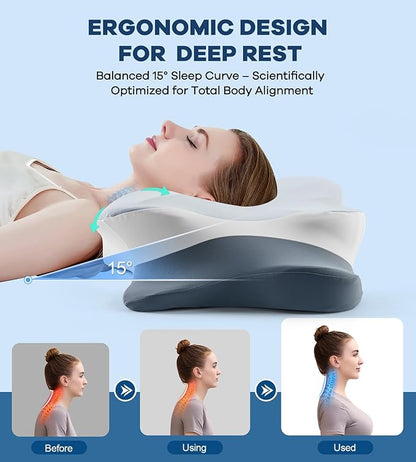 Cervical Pillow for Neck Pain Relief, Cooling Ergonomic Memory Foam Pillow with Ice Silk Pillowcase, Dual-Height Orthopedic Contour Support Pillow for Side,Back,Stomach Sleepers, CertiPUR-US Certified