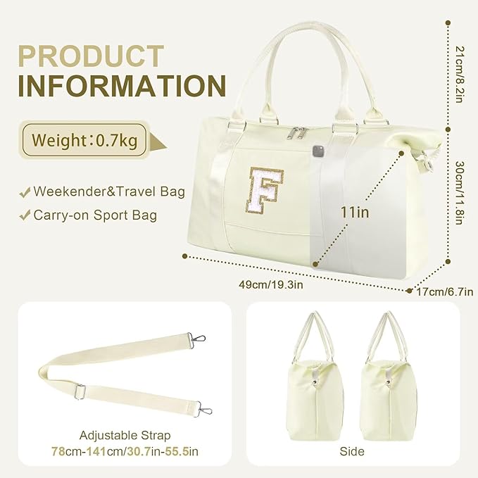 Dance Gym Duffel Bag for Teen Girls, Personalized Initial Travel Weekender Bag,Cute Overnight Carry On Duffle for Women,Sports Travel Cheer Bag,Monogram Christmas Gifts for Tween Preppy(beige-F)