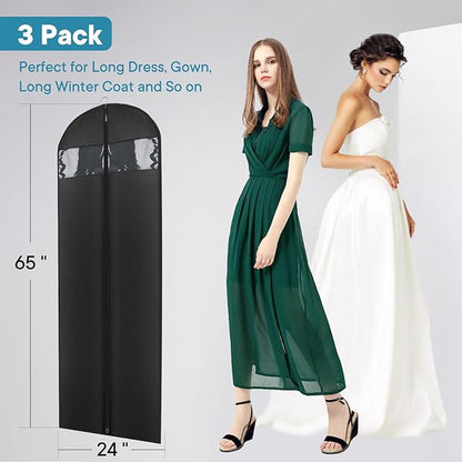 Dress Bags for Gowns, 65" Long Garment Bags for Hanging Clothes, 3-Pack Foldable Dress Cover with Clear Window for Women's Coats, Formal Gowns, and Evening Dresses