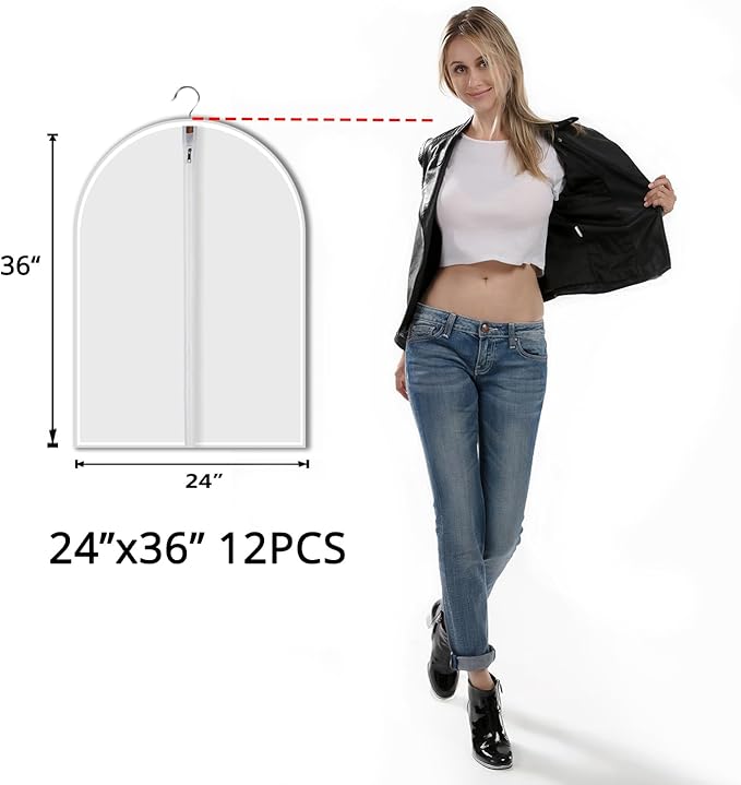 12 Pack Shirt Garment Bags (24x36") - Dustproof Short Suit Covers - Durable PEVA Closet Bags with Sturdy Zipper for Blouses, Jackets, Sweaters & T-Shirts (Translucent)