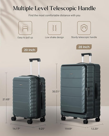 Luggage Sets 2 Pieces, 20/28 Inch PC Hardshell Suitcase with Spinner Wheels, 20 Inch Expandable Clamshell Carry On Luggage and 28 Inch Aluminum Frame Top Opening Checked Luggage (Dark Green)