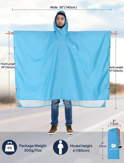 ANYOO Hooded Rain Poncho for Adults Waterproof Lightweight Rain Coat for Men Women Reusable Rain Jacket for Emergency Outdoor