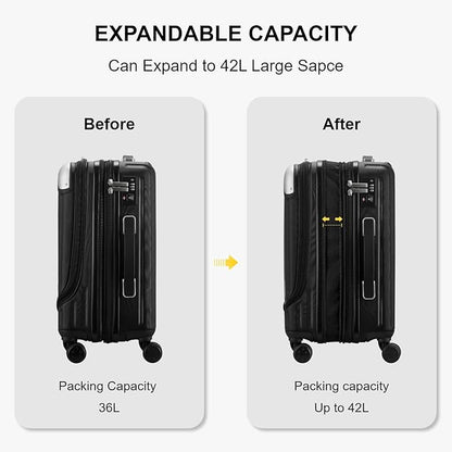 LEVEL8 Grace Hard Shell Carry on Luggage with Front Compartment, 20 Inch Expandable Suitcases with Wheels, Lightweight Carry-on Suitcase for Airplane, Tsa Lock, Black