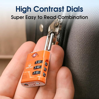 SURE LOCK TSA Locks for Luggage, TSA Approved Luggage Locks with Open Alert, 008 Key for High Security, Easy Read Dials, Zinc Alloy Body, Locker Lock for Suitcase, Gym, Travel. (Orange 2 pk)