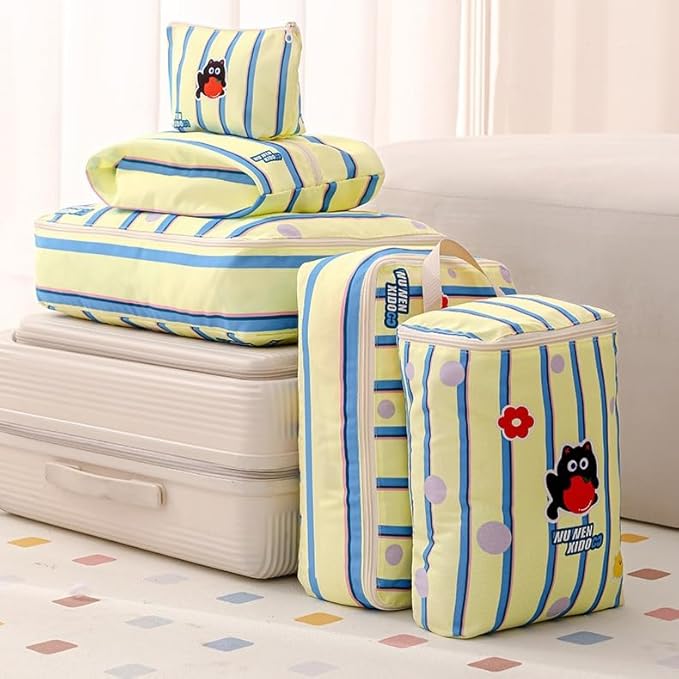 Striped Travel Organizer Bag Set with Cute Cat Design - 5-Piece Portable & Waterproof Packing Cubes for Luggage Clothing & Toiletries (Yellow Cat)