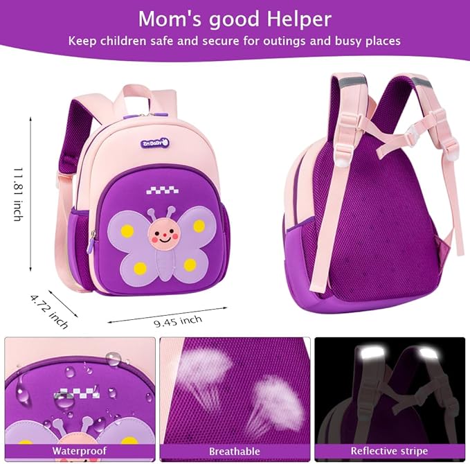Padgene Toddler Harness Backpacks Safety Leash Kids Anti Lost Kindergarten Preschool Backpack Neoprene Lightweight Animal Schoolbag 3D Cartoon Butterfly Mini Travel Bag for Boys Girls Ages 3-5